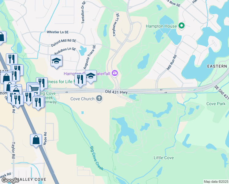 map of restaurants, bars, coffee shops, grocery stores, and more near 400 Old Highway 431 in Owens Cross Roads