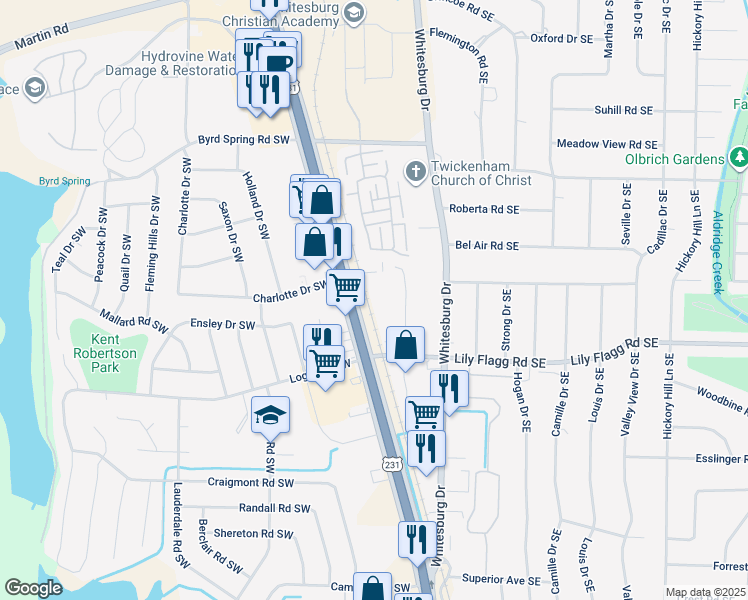 map of restaurants, bars, coffee shops, grocery stores, and more near 8001 Charlotte Drive Southwest in Huntsville
