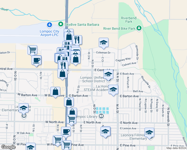 map of restaurants, bars, coffee shops, grocery stores, and more near 500 Bush Court in Lompoc
