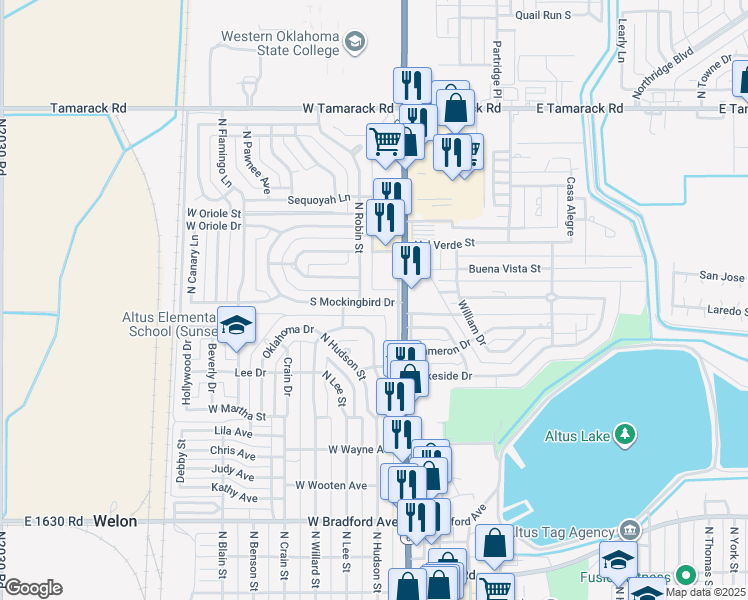 map of restaurants, bars, coffee shops, grocery stores, and more near 1908 North Robin Street in Altus