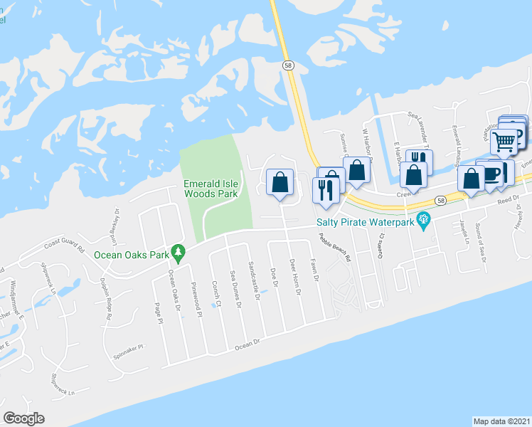 map of restaurants, bars, coffee shops, grocery stores, and more near 208 Stroud Street in Emerald Isle
