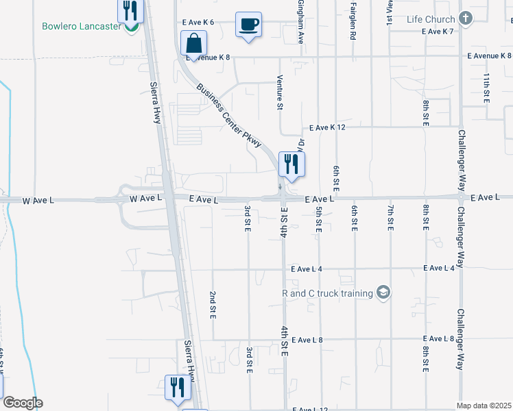 map of restaurants, bars, coffee shops, grocery stores, and more near 42758 3rd Street East in Lancaster