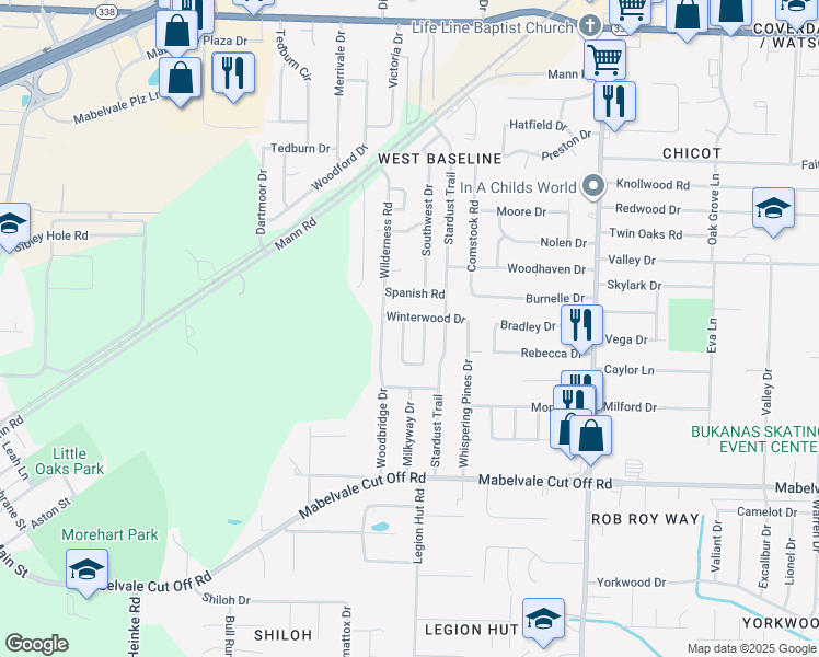 map of restaurants, bars, coffee shops, grocery stores, and more near 8210 Winterwood Drive in Little Rock