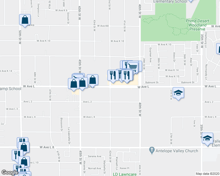 map of restaurants, bars, coffee shops, grocery stores, and more near 42nd Street West in Lancaster