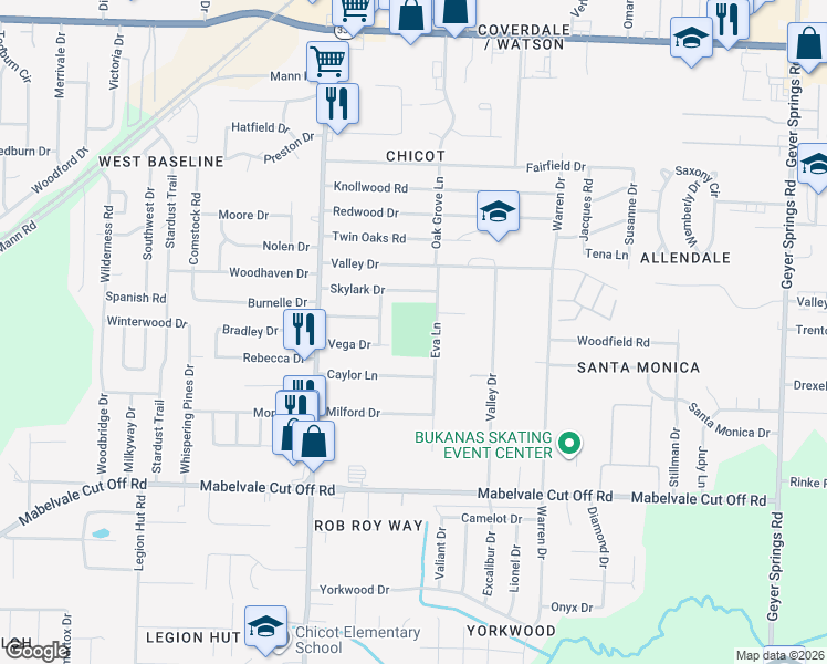 map of restaurants, bars, coffee shops, grocery stores, and more near 9900 Eva Lane in Little Rock