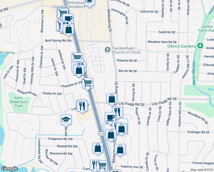 map of restaurants, bars, coffee shops, grocery stores, and more near 8145 Oldfield Road Southwest in Huntsville