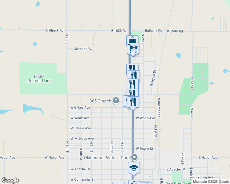 map of restaurants, bars, coffee shops, grocery stores, and more near 401 West Jarboe Avenue in Marlow