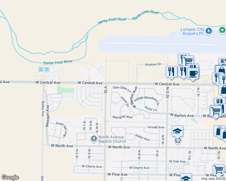 map of restaurants, bars, coffee shops, grocery stores, and more near 1340 Jason Drive in Lompoc