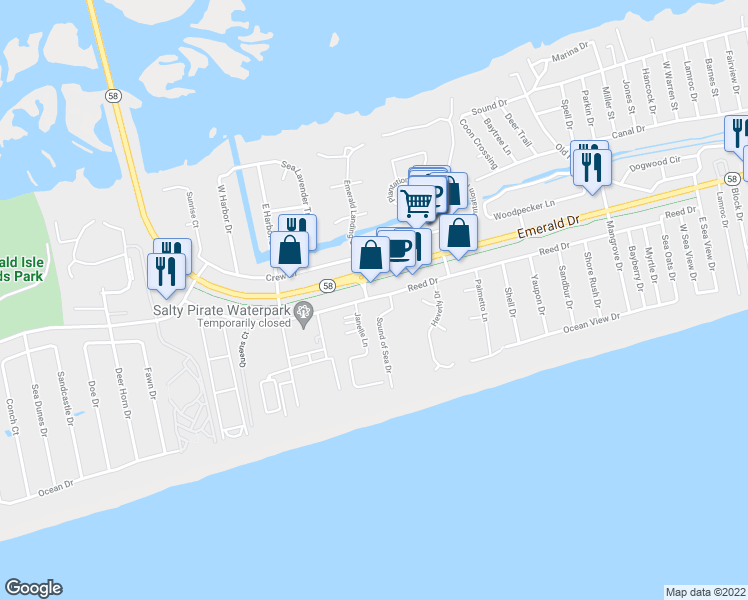map of restaurants, bars, coffee shops, grocery stores, and more near 8700 Reed Drive in Emerald Isle