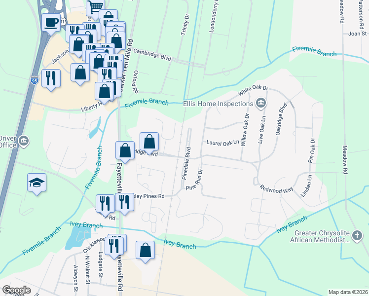 map of restaurants, bars, coffee shops, grocery stores, and more near 4923 Pinedale Boulevard in Lumberton