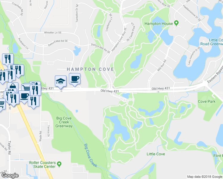 map of restaurants, bars, coffee shops, grocery stores, and more near 3209 Hampton Cove Way Southeast in Owens Cross Roads