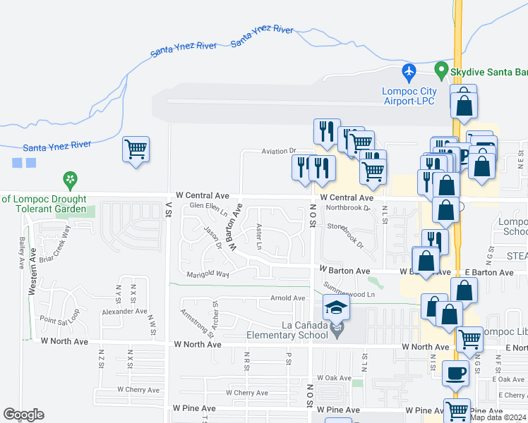 map of restaurants, bars, coffee shops, grocery stores, and more near 1008 Bellflower Lane in Lompoc