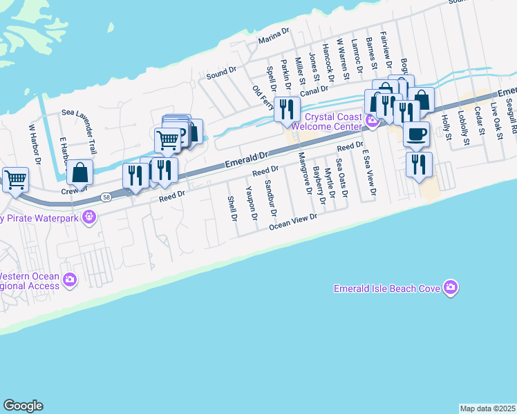 map of restaurants, bars, coffee shops, grocery stores, and more near 108 Yaupon Drive in Emerald Isle