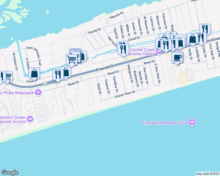 map of restaurants, bars, coffee shops, grocery stores, and more near 108 Yaupon Drive in Emerald Isle