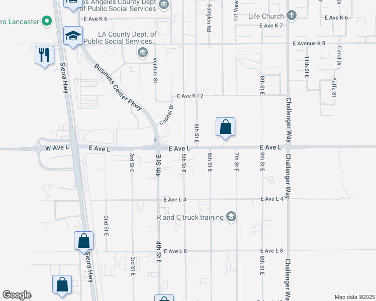 map of restaurants, bars, coffee shops, grocery stores, and more near 2 West Avenue L in Lancaster