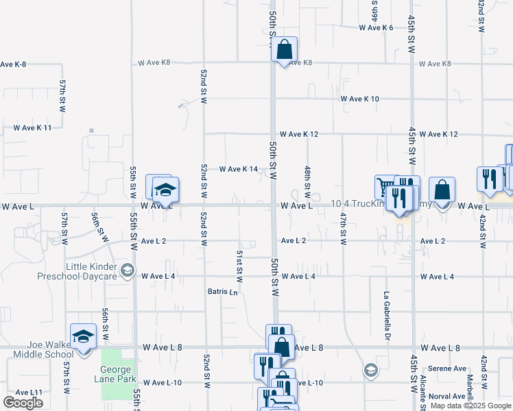 map of restaurants, bars, coffee shops, grocery stores, and more near 5017 West Avenue L in Lancaster