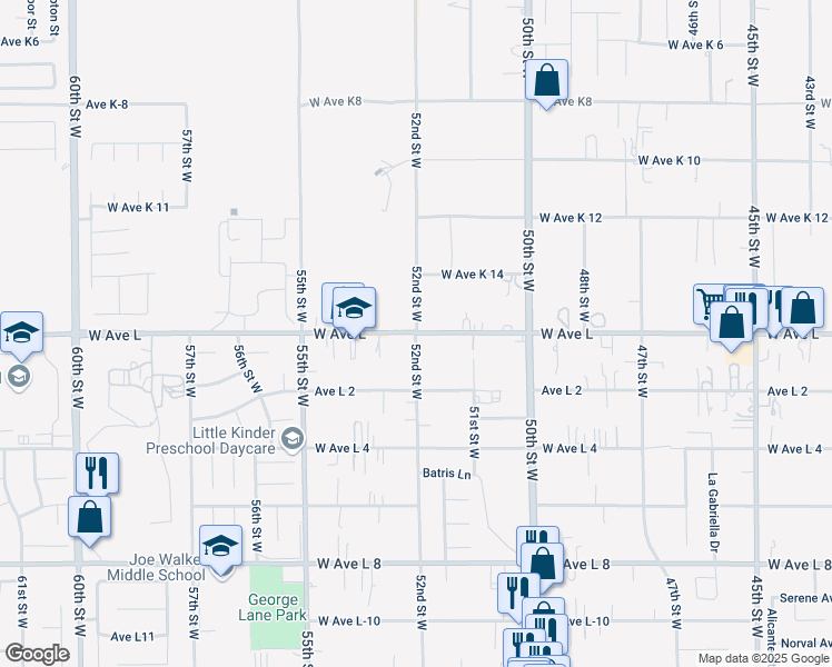 map of restaurants, bars, coffee shops, grocery stores, and more near 42737 52nd Street West in Lancaster