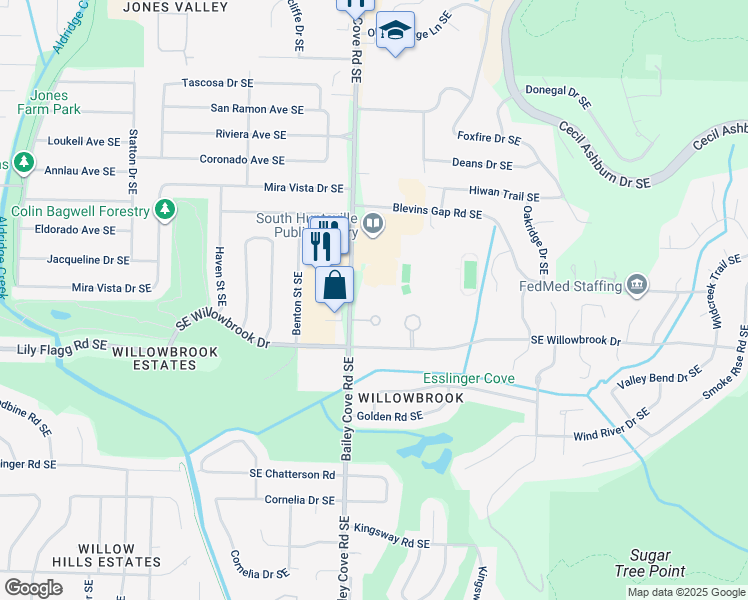 map of restaurants, bars, coffee shops, grocery stores, and more near 7901 Bailey Cove Circle Southeast in Huntsville