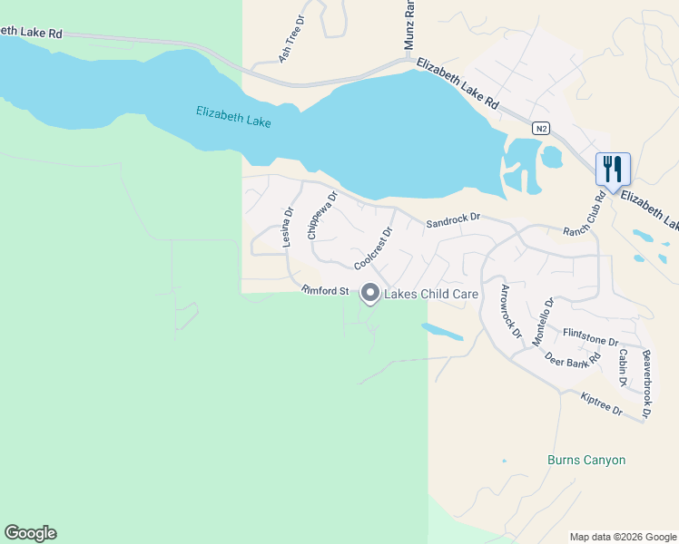map of restaurants, bars, coffee shops, grocery stores, and more near 42718 Coolcrest Drive in Lake Hughes