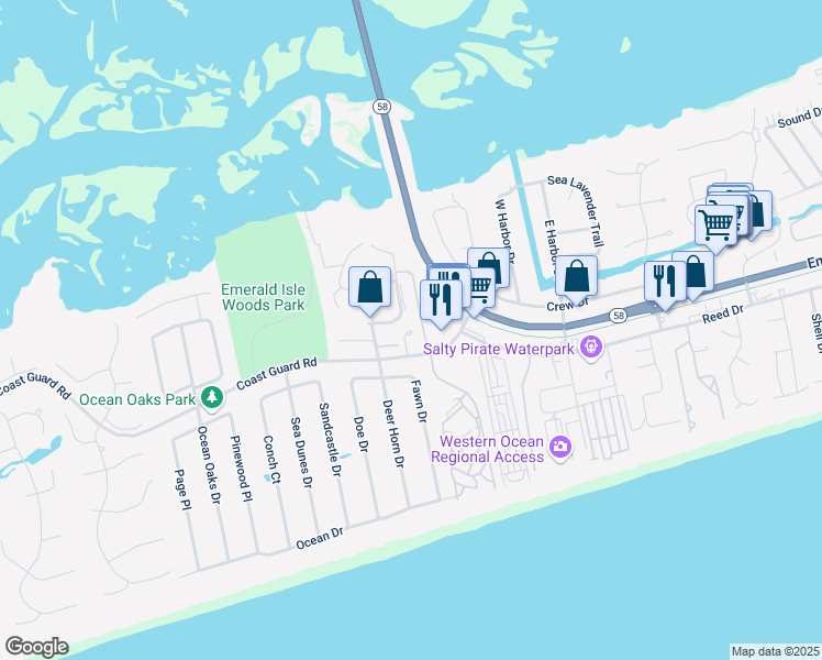 map of restaurants, bars, coffee shops, grocery stores, and more near 9204 Coast Guard Road in Emerald Isle