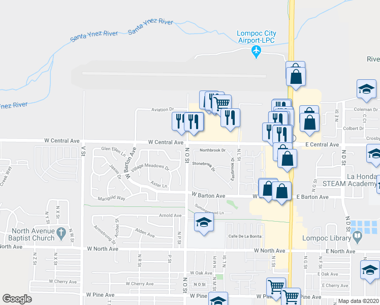 map of restaurants, bars, coffee shops, grocery stores, and more near 1333 Westbrook Drive in Lompoc