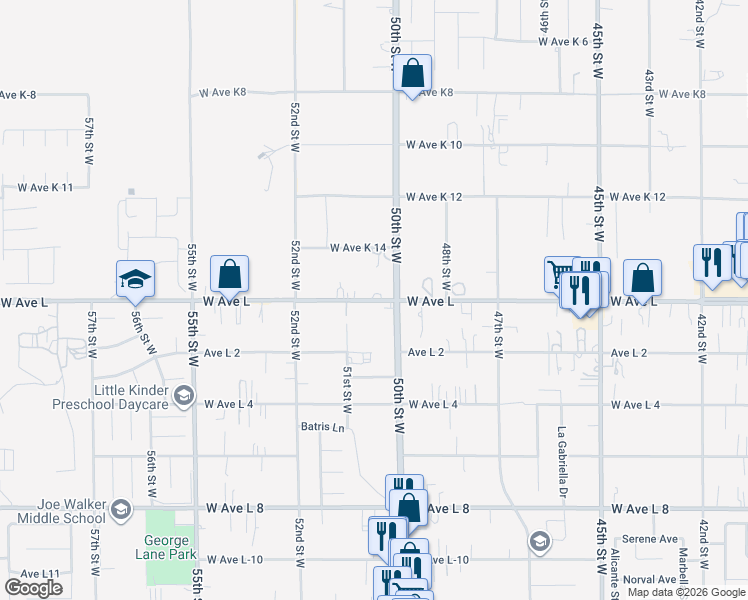 map of restaurants, bars, coffee shops, grocery stores, and more near 5017 West Avenue L in Lancaster