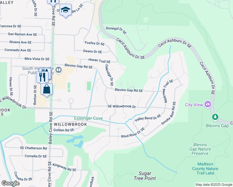 map of restaurants, bars, coffee shops, grocery stores, and more near 7803 Tea Garden Road Southeast in Huntsville