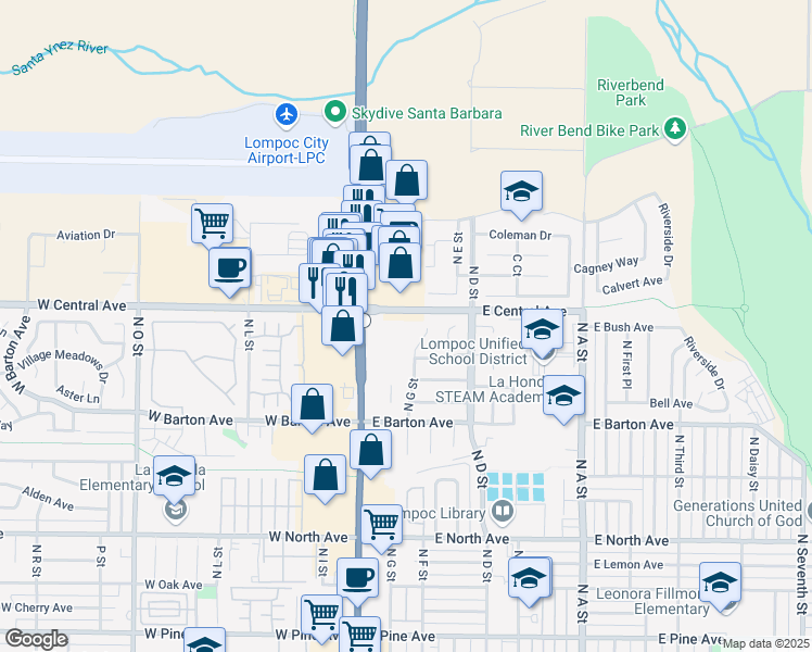 map of restaurants, bars, coffee shops, grocery stores, and more near 212 East Central Avenue in Lompoc