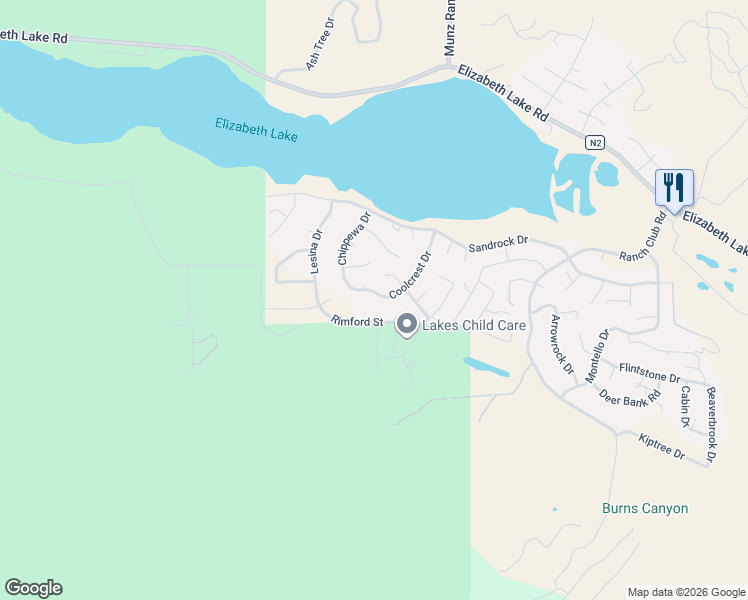 map of restaurants, bars, coffee shops, grocery stores, and more near 42718 Coolcrest Drive in Lake Hughes