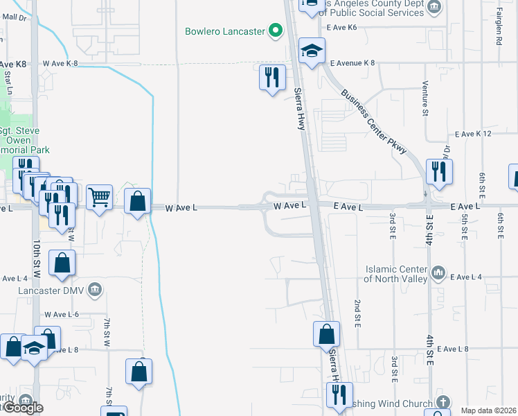 map of restaurants, bars, coffee shops, grocery stores, and more near 242 West Avenue L in Lancaster