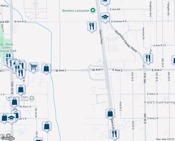 map of restaurants, bars, coffee shops, grocery stores, and more near 232 West Avenue L in Lancaster