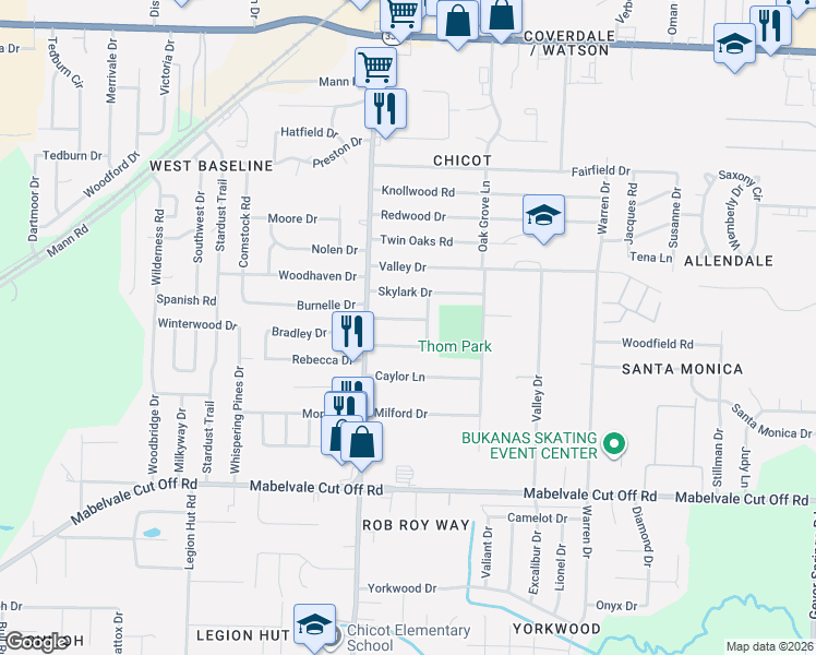map of restaurants, bars, coffee shops, grocery stores, and more near 7407 Ember Lane in Little Rock