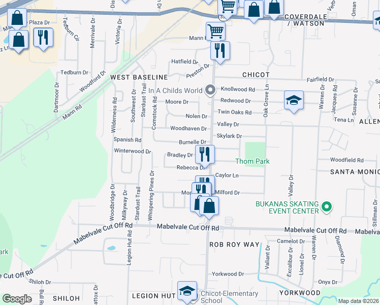 map of restaurants, bars, coffee shops, grocery stores, and more near 9909 Carrie Lane in Little Rock