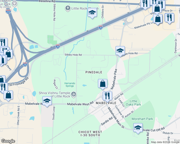 map of restaurants, bars, coffee shops, grocery stores, and more near 49 Pinedale Circle in Little Rock