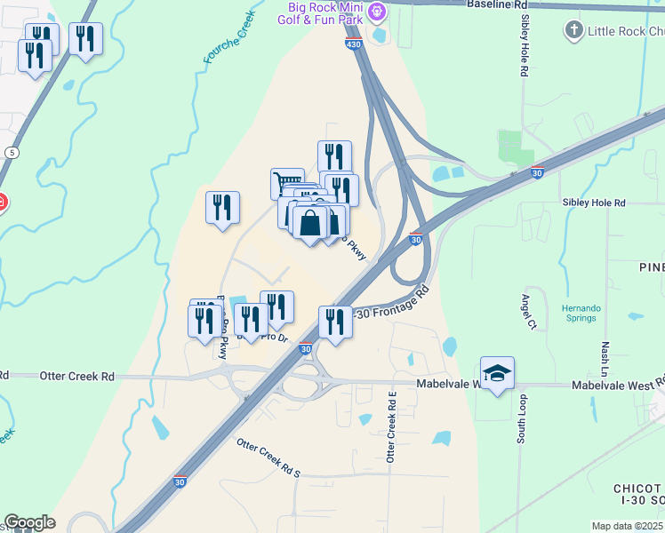 map of restaurants, bars, coffee shops, grocery stores, and more near 11201 Bass Pro Drive in Little Rock