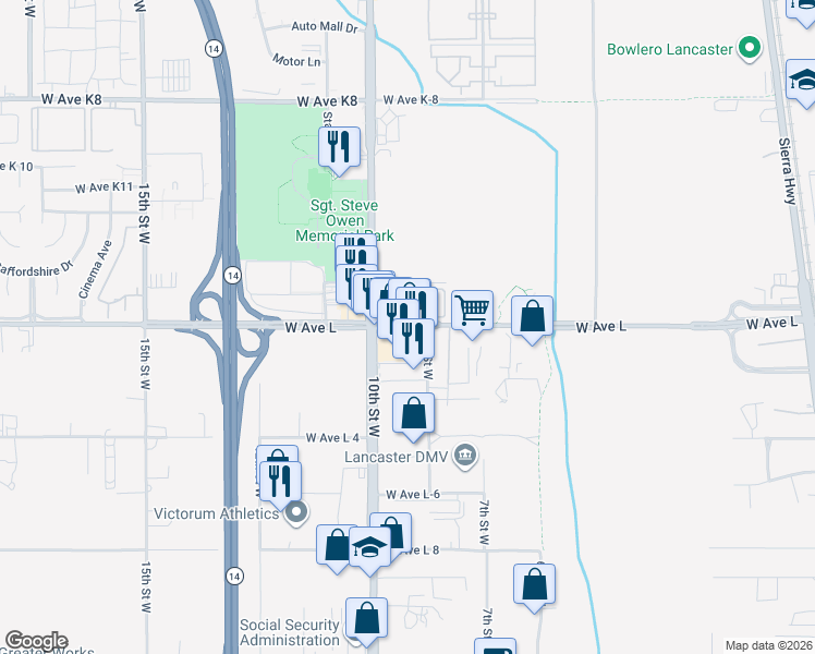map of restaurants, bars, coffee shops, grocery stores, and more near 745 West Avenue L in Lancaster
