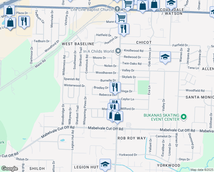 map of restaurants, bars, coffee shops, grocery stores, and more near 9909 Carrie Lane in Little Rock