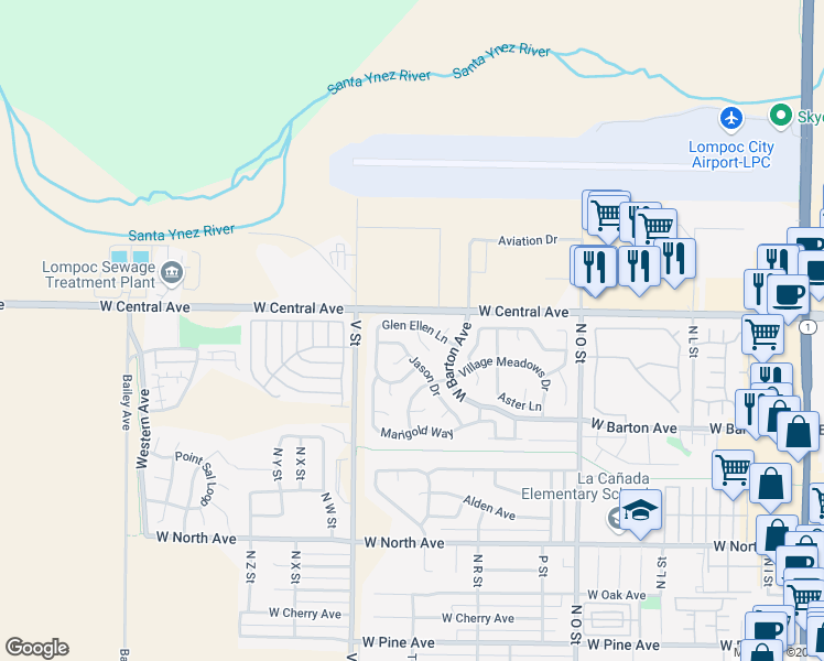 map of restaurants, bars, coffee shops, grocery stores, and more near 1333 Glen Ellen Lane in Lompoc