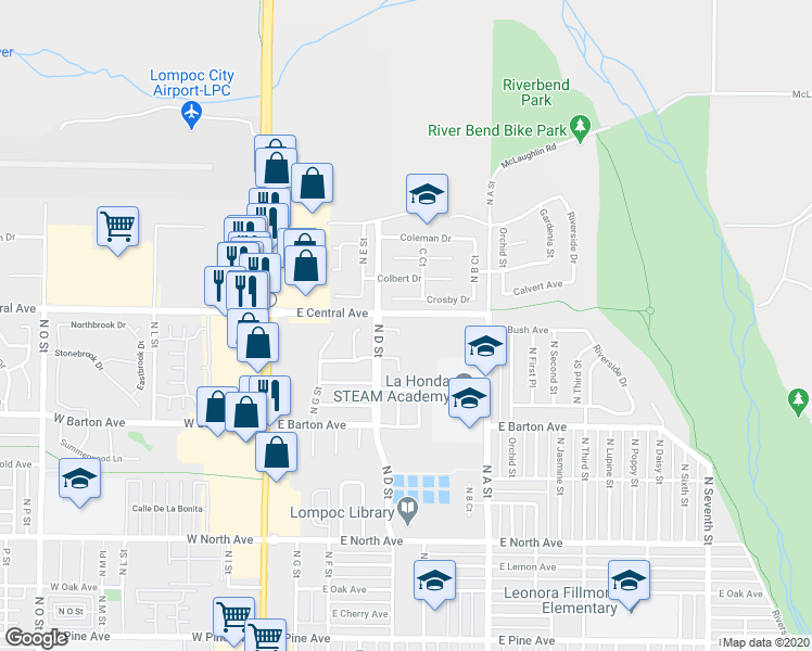 map of restaurants, bars, coffee shops, grocery stores, and more near 517 Bush Court in Lompoc