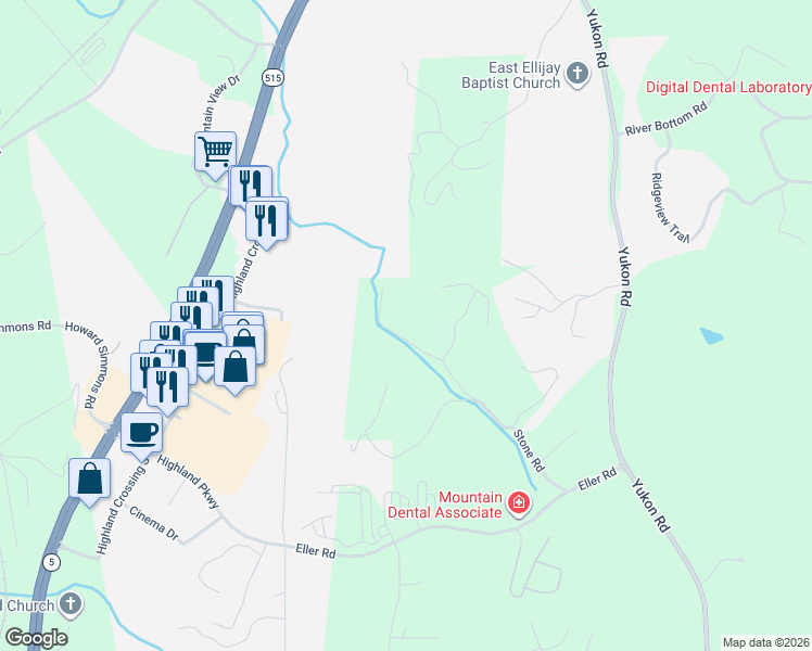 map of restaurants, bars, coffee shops, grocery stores, and more near 472 Stone Road in Ellijay