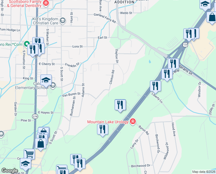 map of restaurants, bars, coffee shops, grocery stores, and more near 910 Clinton Drive in Scottsboro