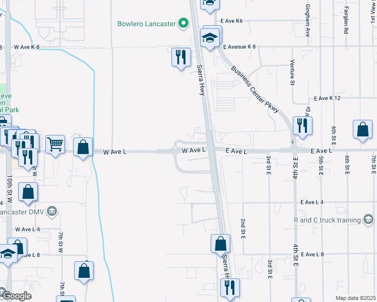 map of restaurants, bars, coffee shops, grocery stores, and more near 2 West Avenue L in Lancaster