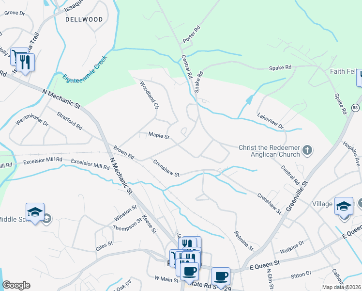 map of restaurants, bars, coffee shops, grocery stores, and more near 107 Stephens Road in Pendleton