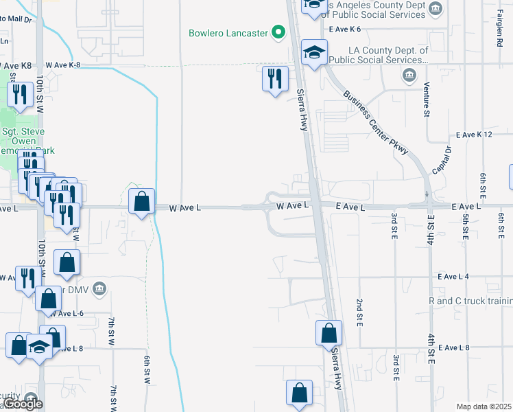 map of restaurants, bars, coffee shops, grocery stores, and more near 185 West Avenue L in Lancaster