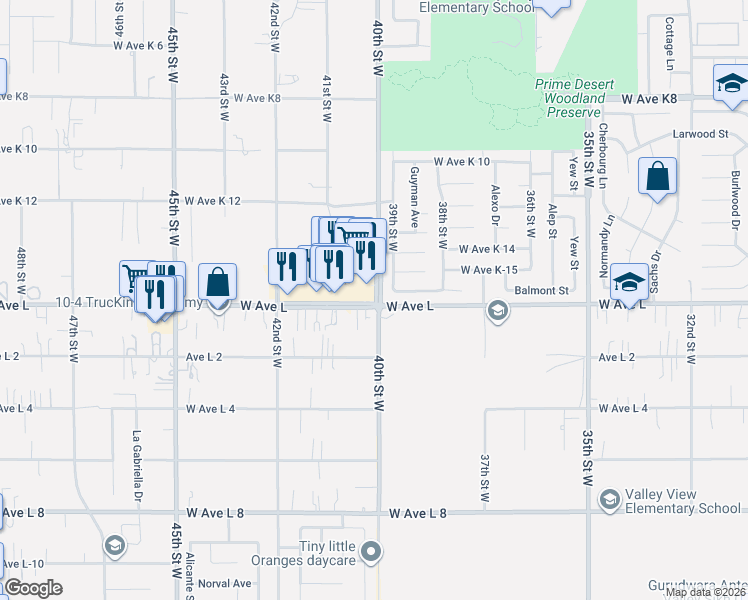 map of restaurants, bars, coffee shops, grocery stores, and more near 42755 40th Street West in Quartz Hill