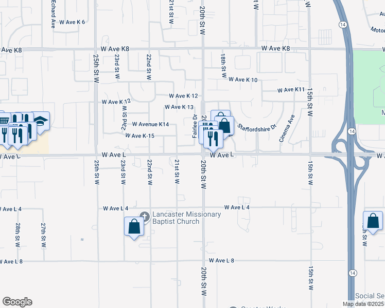 map of restaurants, bars, coffee shops, grocery stores, and more near 2051 West Avenue L in Lancaster