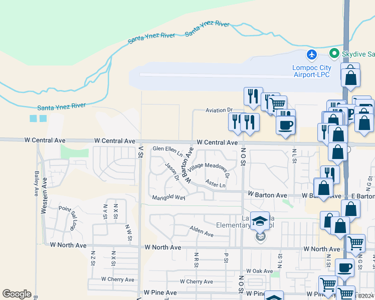 map of restaurants, bars, coffee shops, grocery stores, and more near 1328 Glen Ellen Court in Lompoc