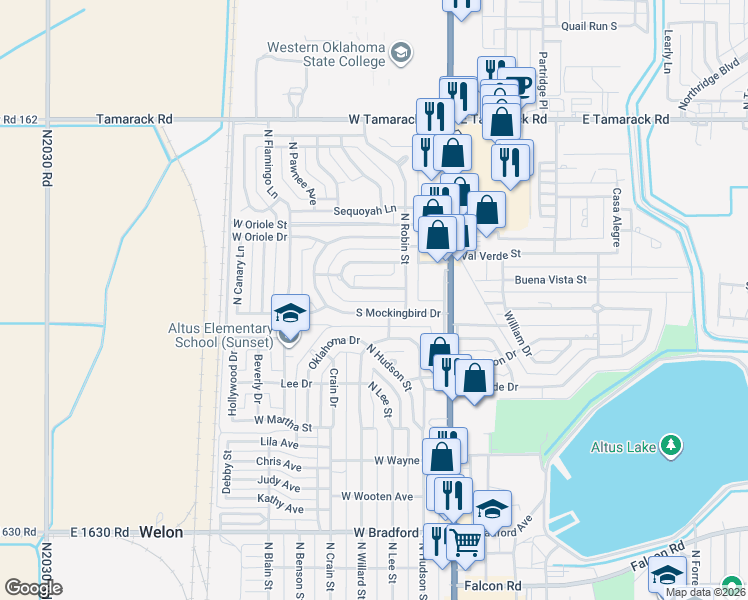 map of restaurants, bars, coffee shops, grocery stores, and more near 300 South Cardinal Circle in Altus