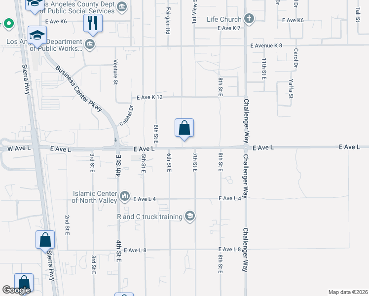 map of restaurants, bars, coffee shops, grocery stores, and more near West Avenue L 6 in Los Angeles County