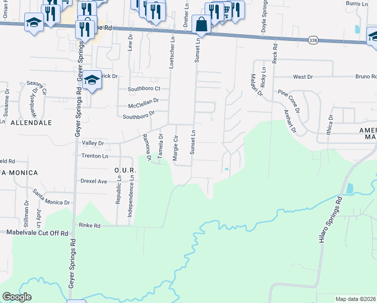 map of restaurants, bars, coffee shops, grocery stores, and more near 9714 Sunset Lane in Little Rock